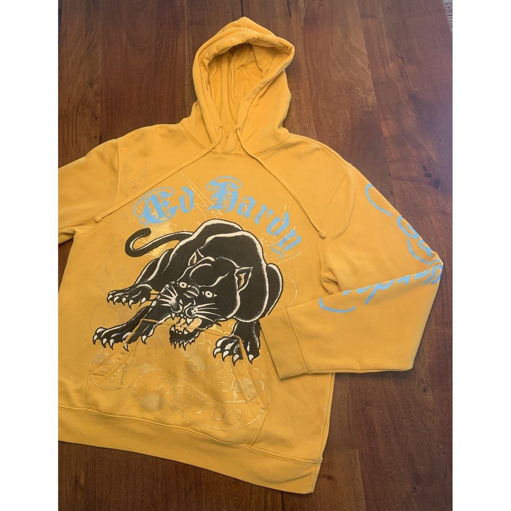 Ed Hardy Hoodie Sweatshirt Mens L Crouching Panther Marigold Yellow Pullover